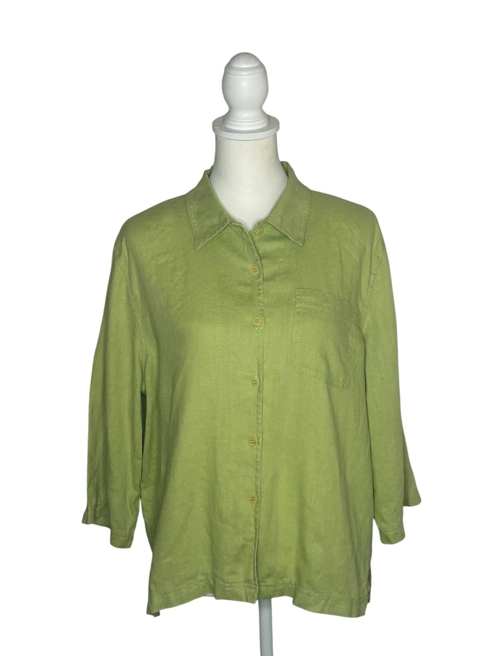 Jones New York EUC Linen Green Button-Down Shirt 3/4 Sleeve Sz 10 Lagenlook